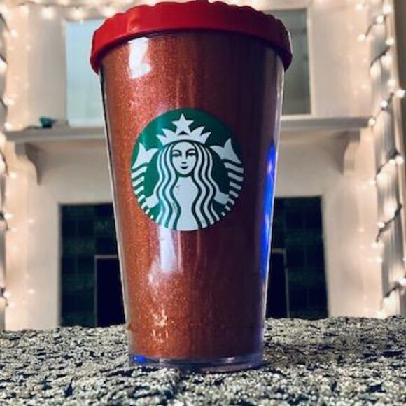 Starbucks 2016 Holiday 16oz Red Glitter Cup with Green and White Straw EUC!!! - Picture 2 of 8